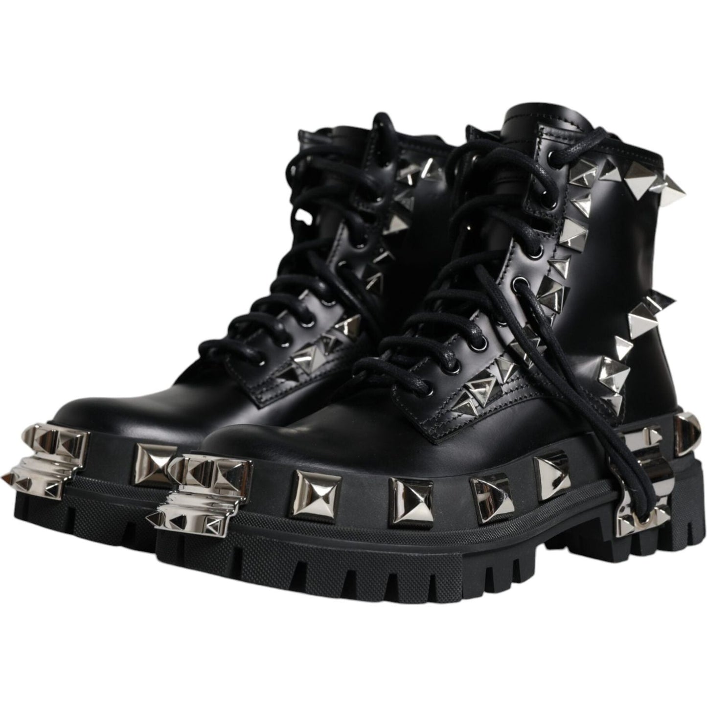 Dolce & Gabbana Black Leather Studded Trekking Boots Shoes LA12172-39.5