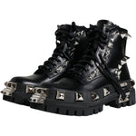 Dolce & Gabbana Black Leather Studded Trekking Boots Shoes LA12172-39.5