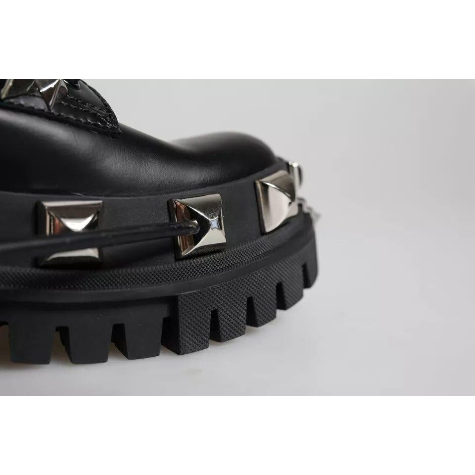 Dolce & Gabbana Black Leather Studded Trekking Boots Shoes LA12172-39.5