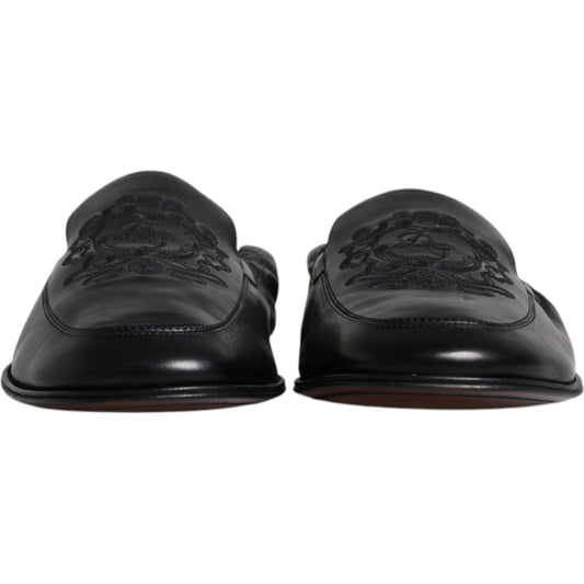 Dolce & Gabbana Black Logo Embroidered Leather Loafer Men Dress Shoes MV6306-40