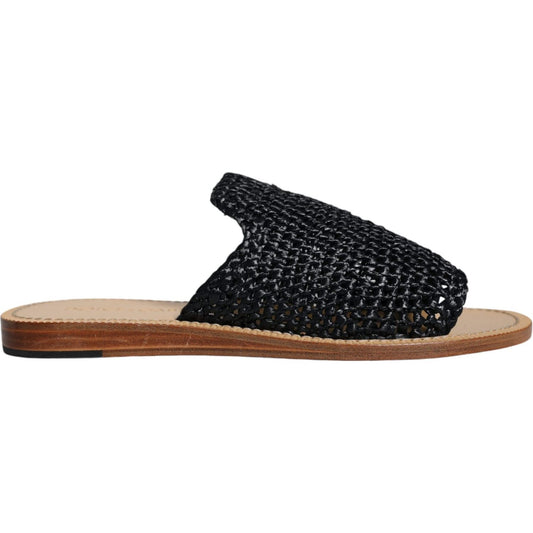 Dolce & Gabbana Black Monochrome Braided Raffia Slides Shoes MV6091-40