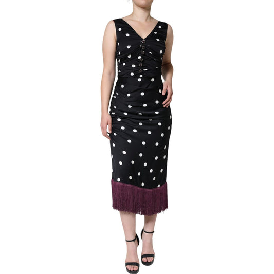 Dolce & Gabbana Black Silk Polka Dot V-neck Tassel Midi Dress DR281253-42