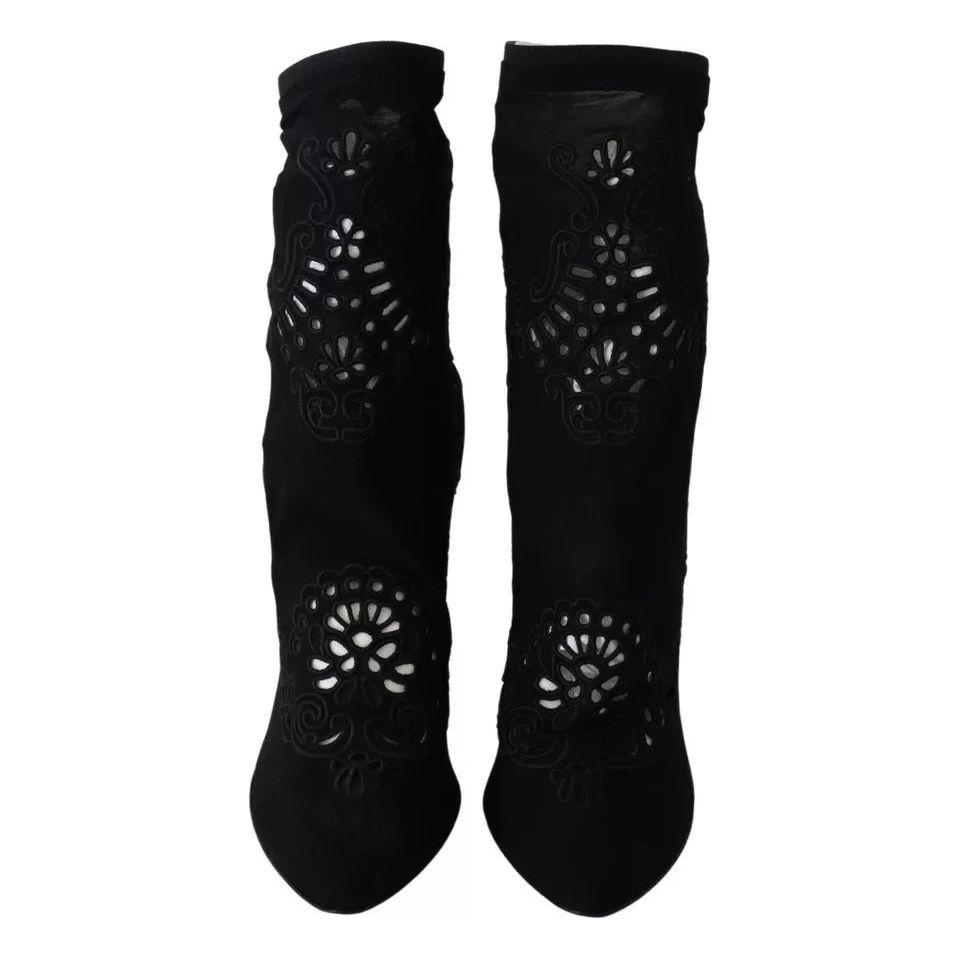 Dolce & Gabbana Black Stretch Pumps Boots Floral Lace Shoes LA8944-37