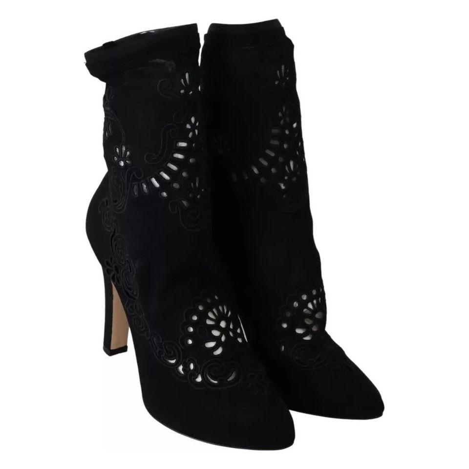 Dolce & Gabbana Black Stretch Pumps Boots Floral Lace Shoes LA8944-37