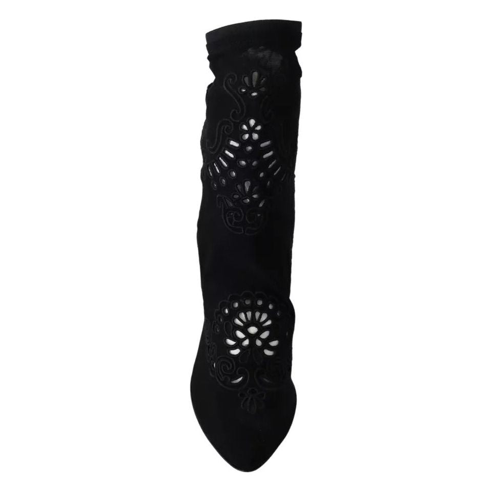 Dolce & Gabbana Black Stretch Pumps Boots Floral Lace Shoes LA8944-37