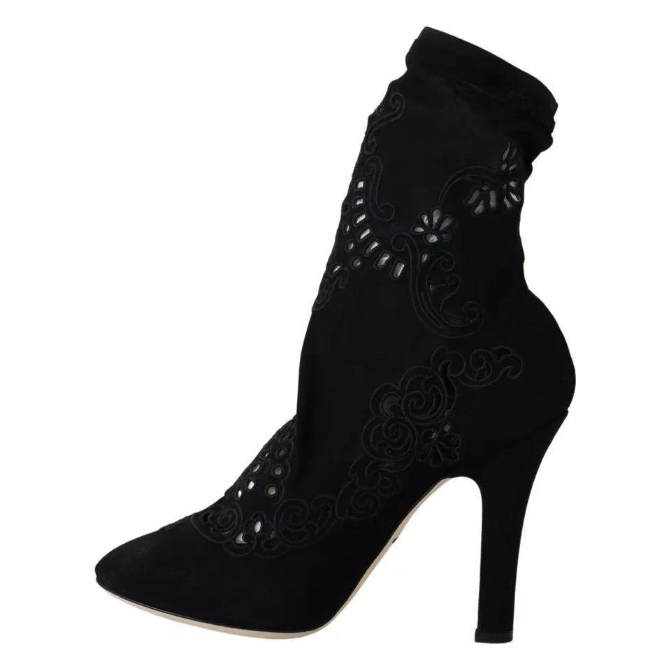 Dolce & Gabbana Black Stretch Pumps Boots Floral Lace Shoes LA8944-37