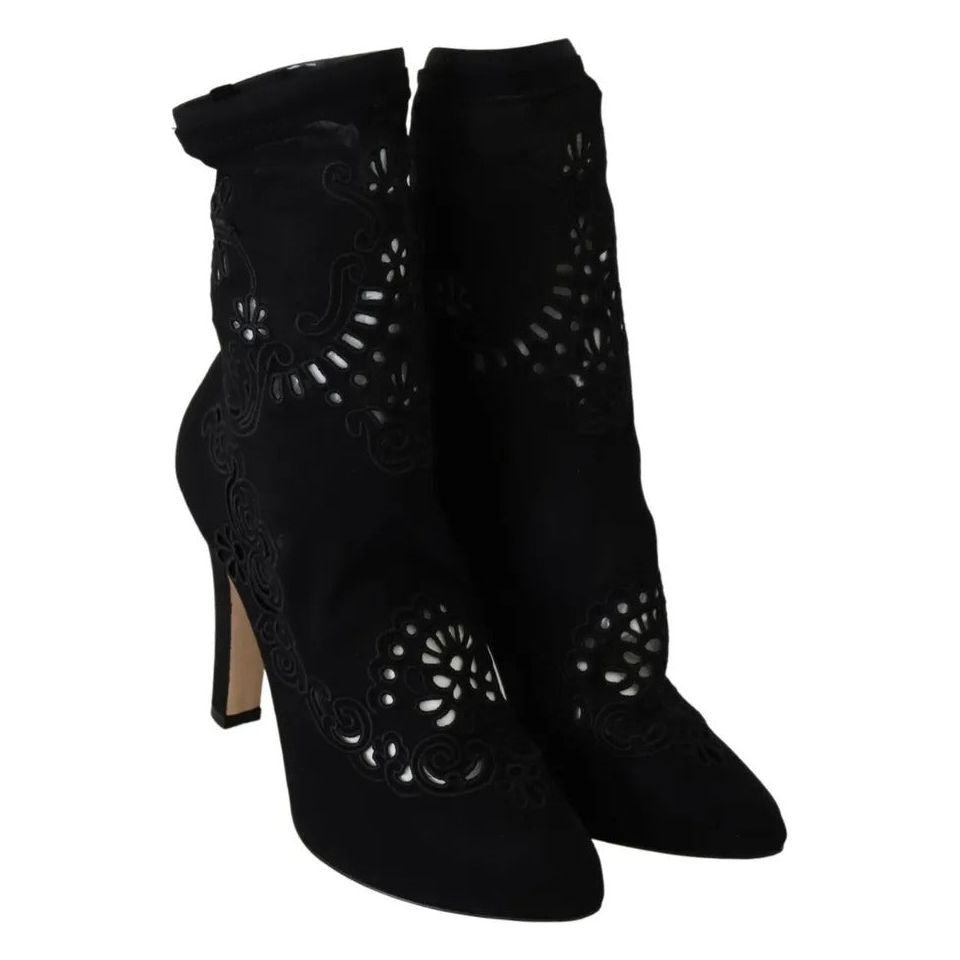 Dolce & Gabbana Black Stretch Pumps Boots Floral Lace Shoes LA8945-39