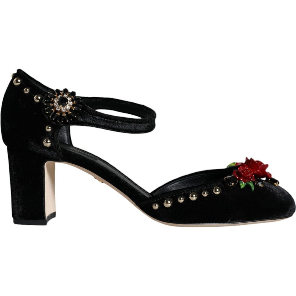 Dolce & Gabbana Black Velvet Roses Ankle Strap Pumps Shoes LA11617-37