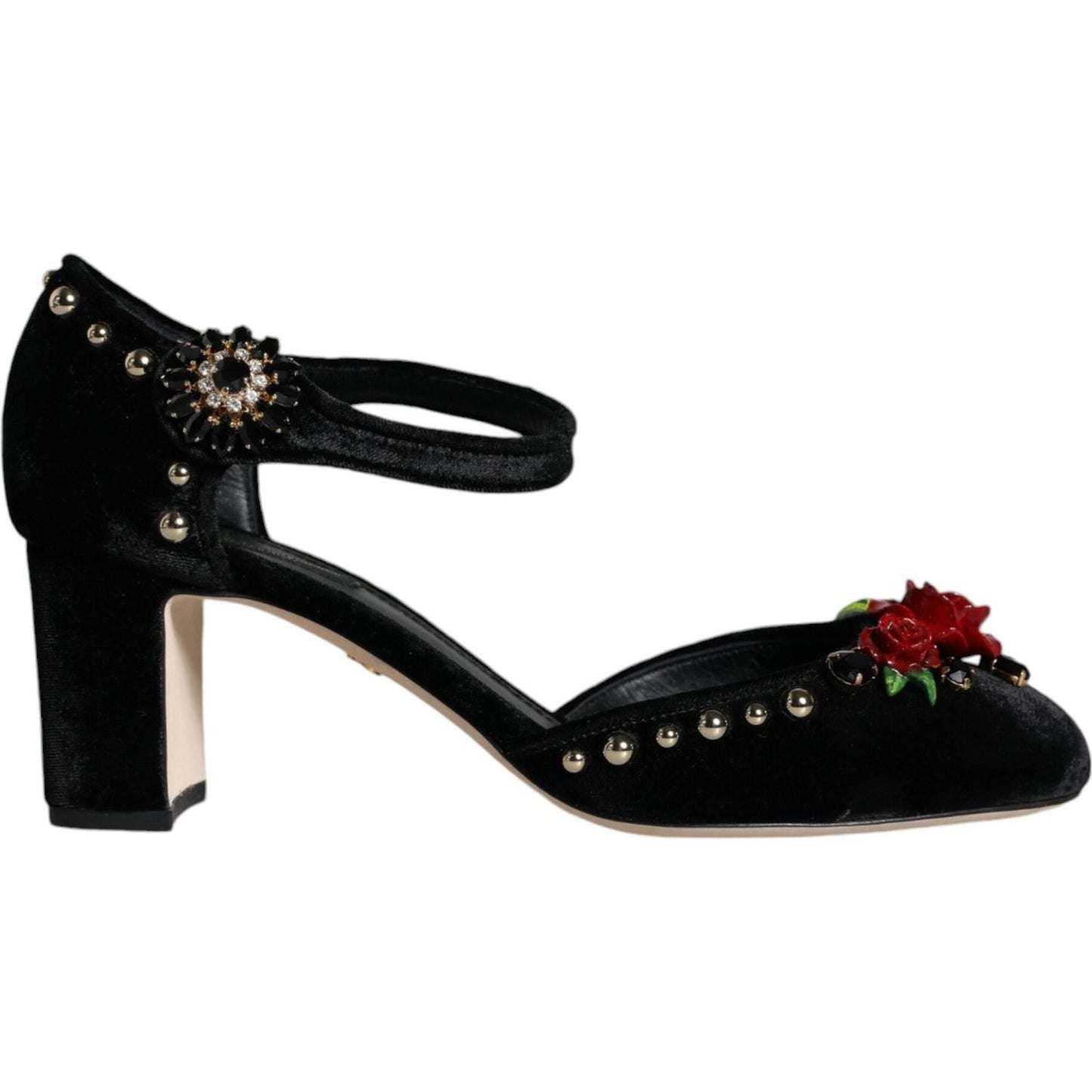 Dolce & Gabbana Black Velvet Roses Ankle Strap Pumps Shoes LA11617-37