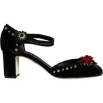 Dolce & Gabbana Black Velvet Roses Ankle Strap Pumps Shoes LA11617-37