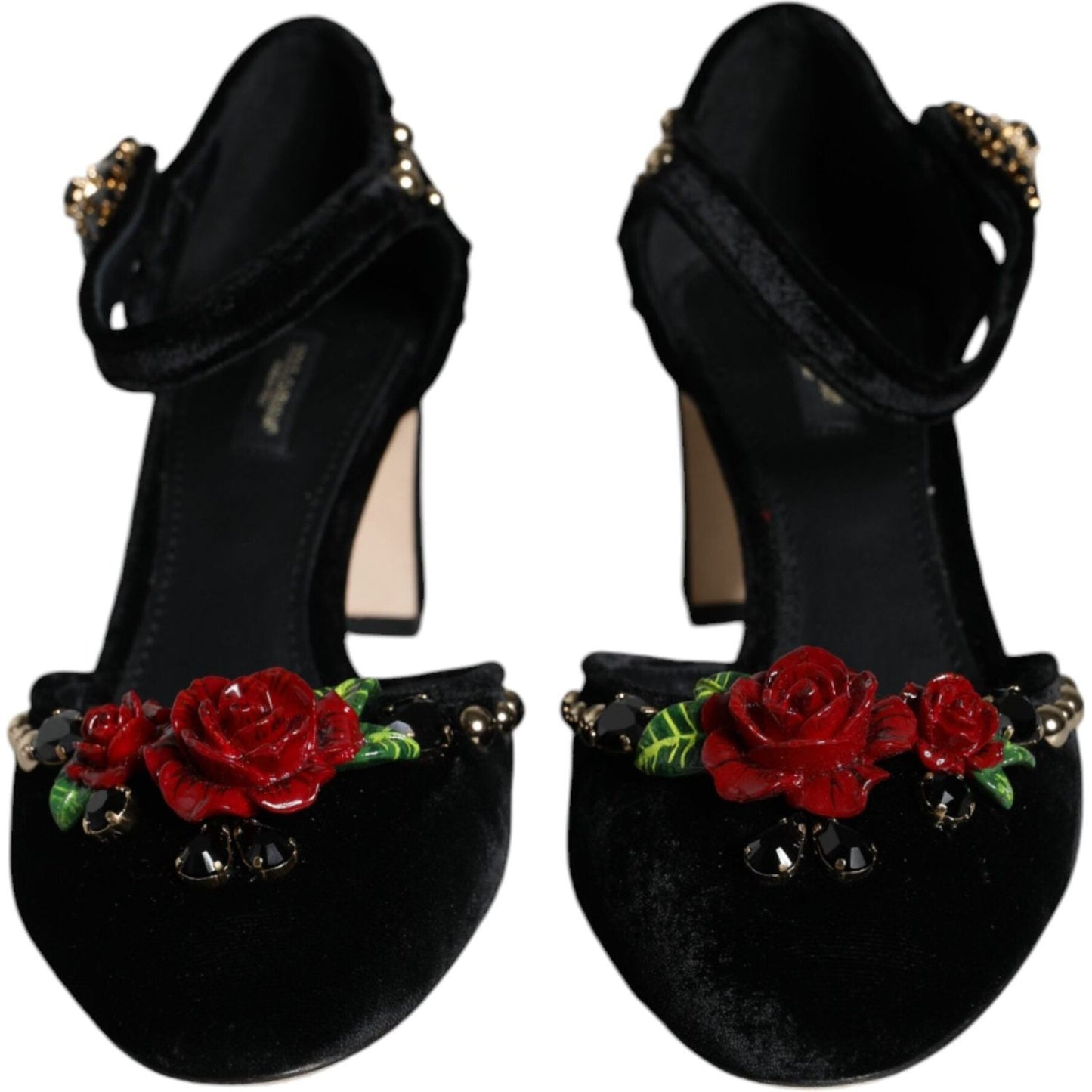 Dolce & Gabbana Black Velvet Roses Ankle Strap Pumps Shoes LA11617-37