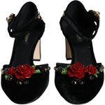 Dolce & Gabbana Black Velvet Roses Ankle Strap Pumps Shoes LA11617-37