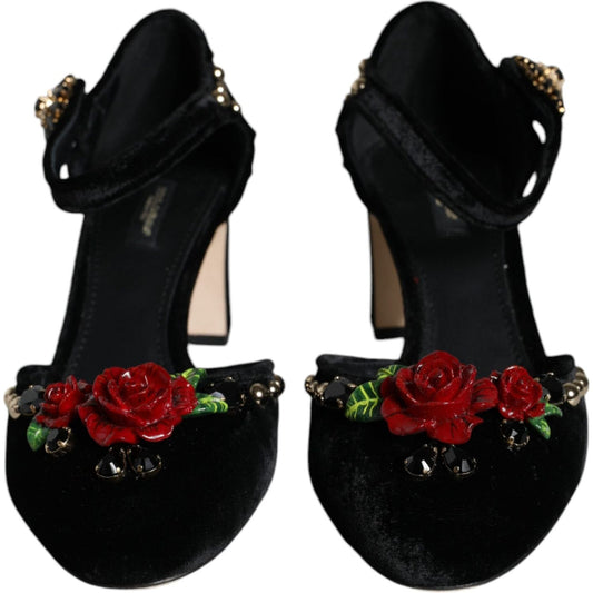 Dolce & Gabbana Black Velvet Roses Ankle Strap Pumps Shoes LA11617-37