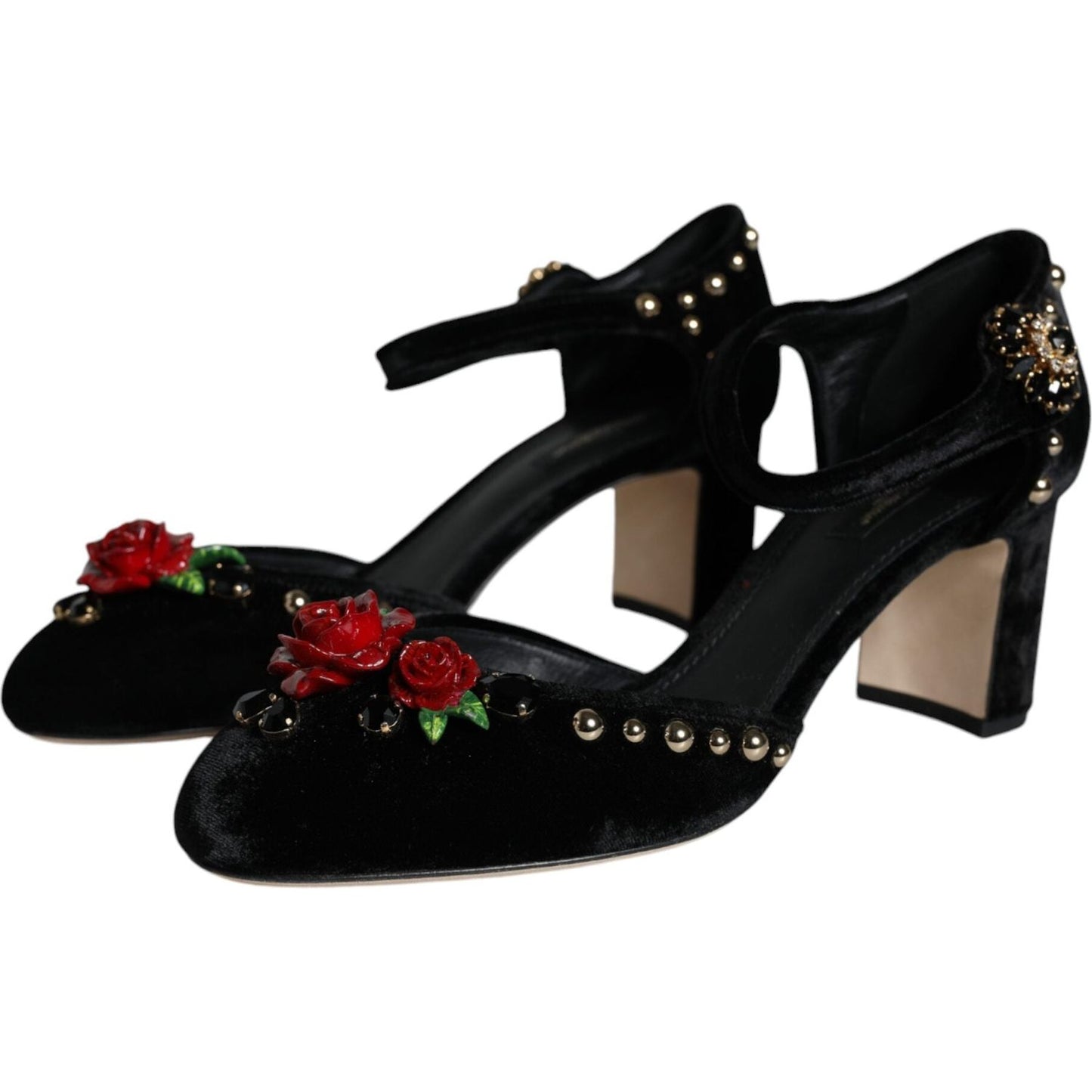 Dolce & Gabbana Black Velvet Roses Ankle Strap Pumps Shoes LA11617-37