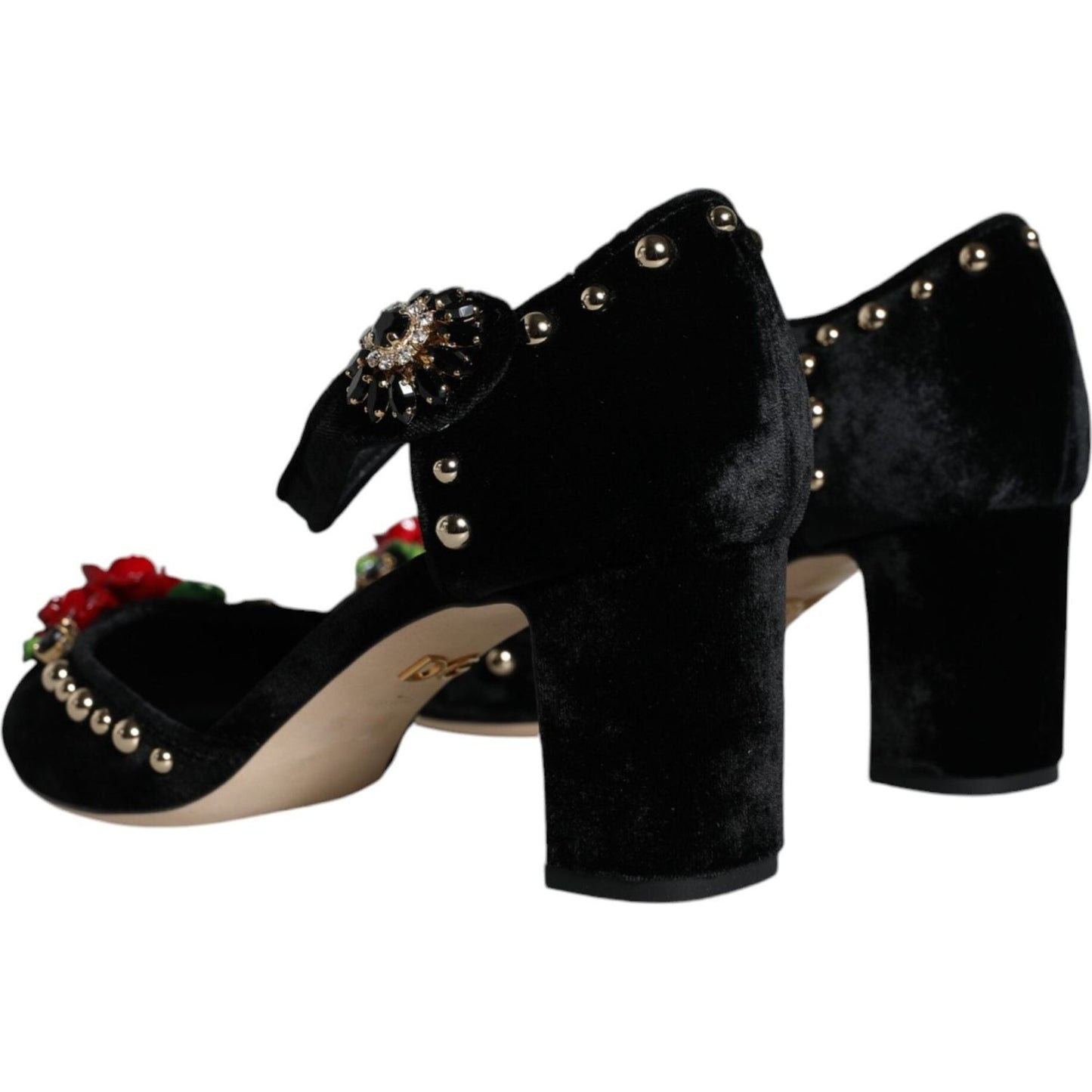 Dolce & Gabbana Black Velvet Roses Ankle Strap Pumps Shoes LA11617-37