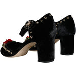 Dolce & Gabbana Black Velvet Roses Ankle Strap Pumps Shoes LA11617-37