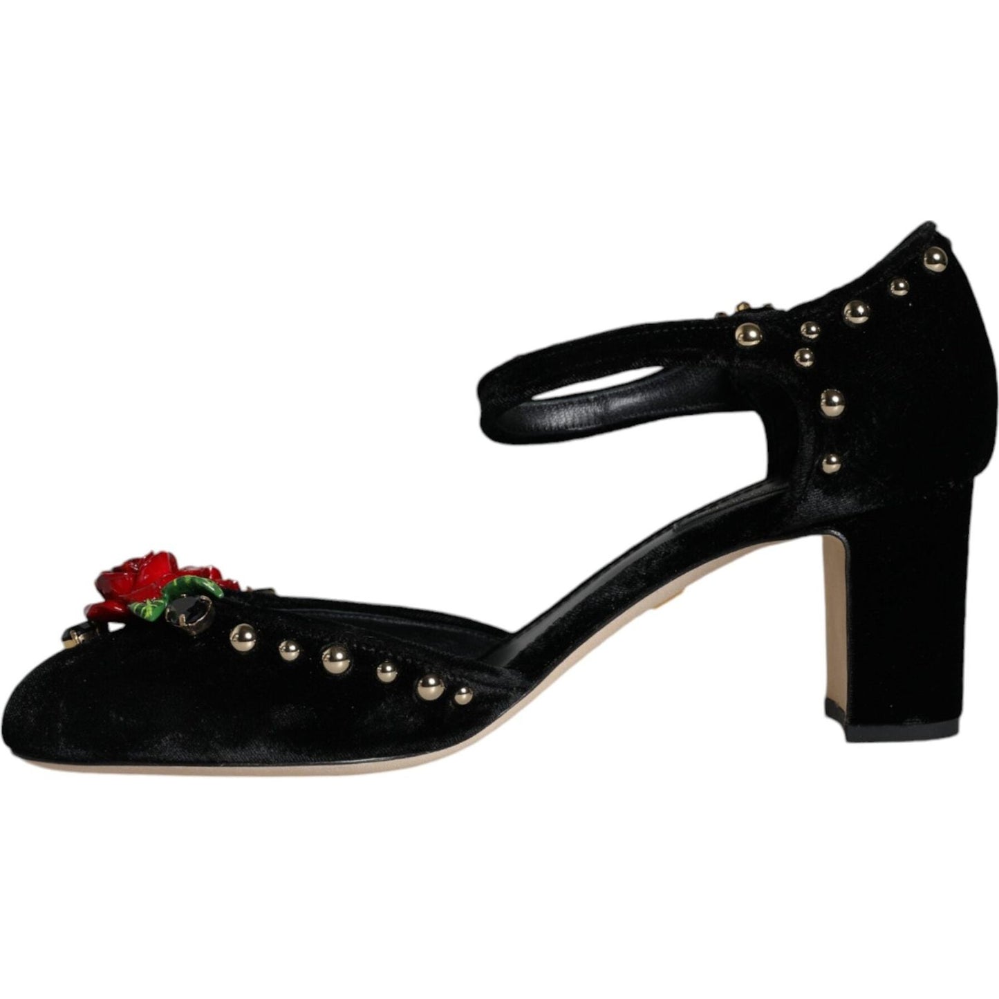 Dolce & Gabbana Black Velvet Roses Ankle Strap Pumps Shoes LA11617-37