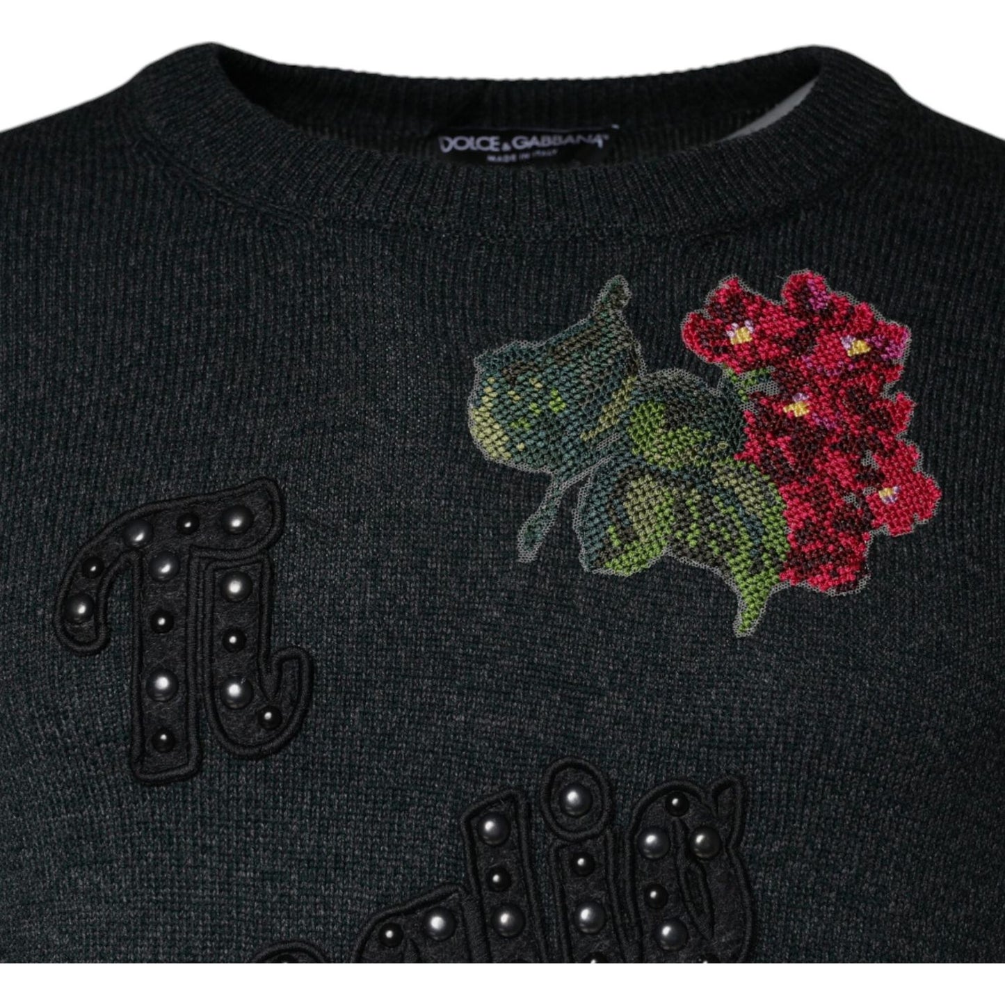Dolce & Gabbana Gray Embellished Crew Neck Pullover Sweater TSH86975-44