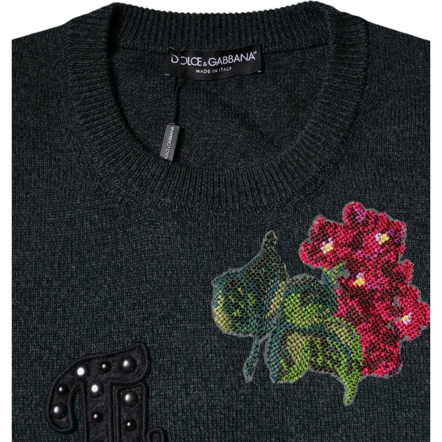 Dolce & Gabbana Gray Embellished Crew Neck Pullover Sweater TSH86975-44