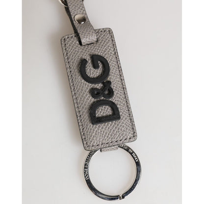 Dolce & Gabbana Gray Leather Logo Metal Ring Keychain Holder Keyring