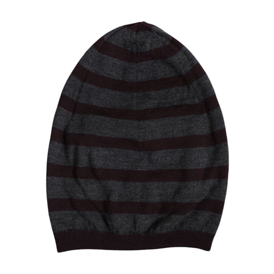 Dolce & Gabbana Gray Striped Wool Knitted Winter Beanie Hat made of 100% Virgin Wool with logo details, perfect for men's winter fashion.