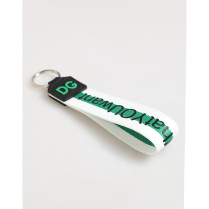 Dolce & Gabbana Green Logo Polyester Silver Brass Holder Keychain Keyring