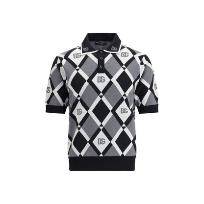 Dolce & Gabbana Multicolor Fleece Wool Polo Shirt with diamond knit pattern and logos, featuring a classic collar and ribbed hem.