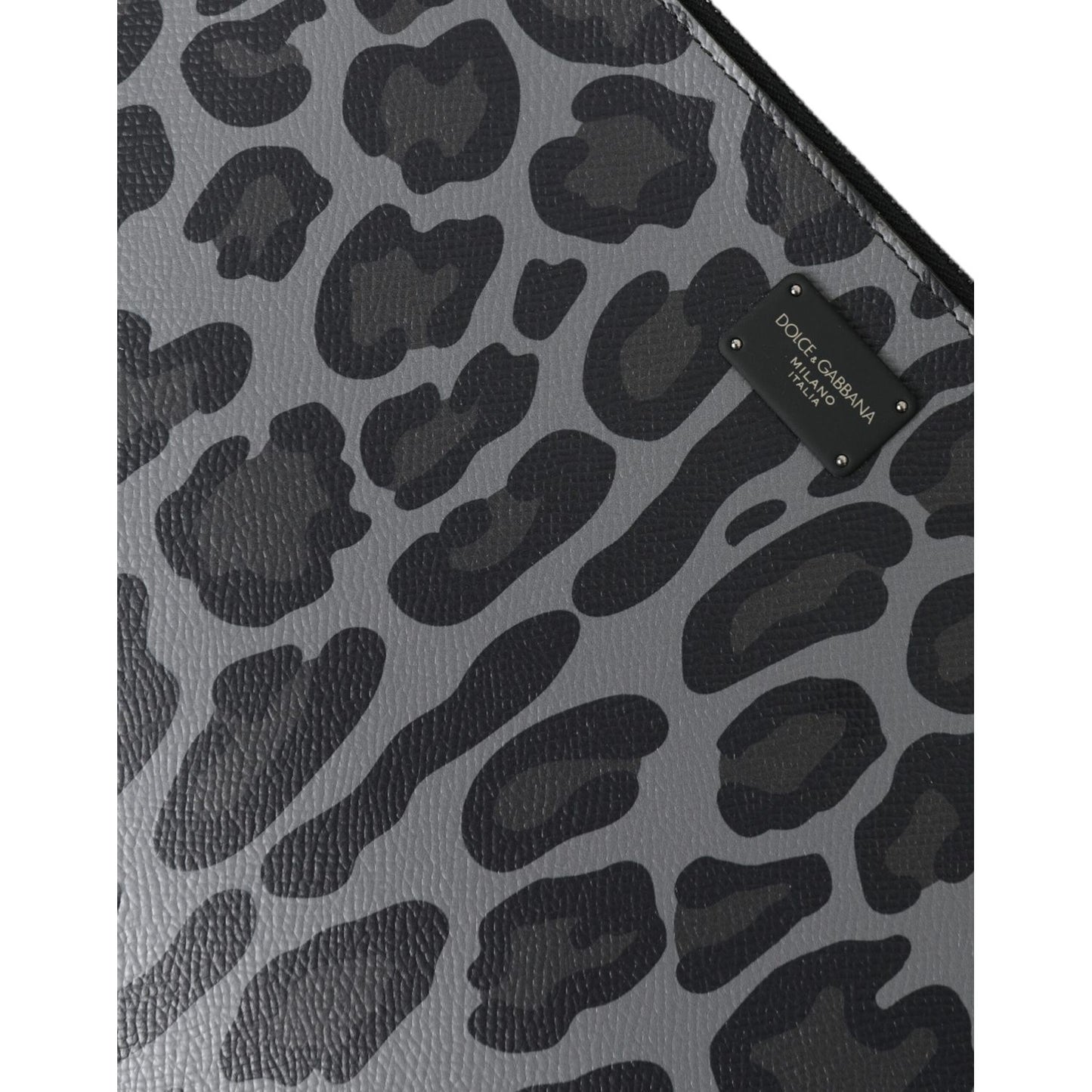 Close-up of Dolce & Gabbana Multicolor Leopard Jacquard Logo Plaque Document Briefcase Bag texture and logo plaque.