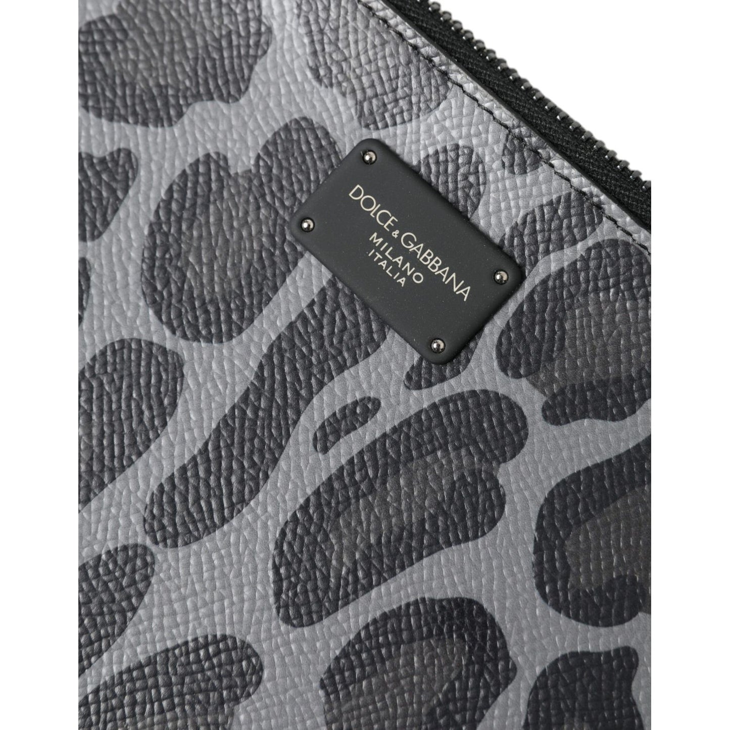 Close-up of Dolce & Gabbana Multicolor Leopard Jacquard Logo Plaque Document Briefcase Bag texture and logo plaque detail.