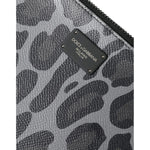 Close-up of Dolce & Gabbana Multicolor Leopard Jacquard Logo Plaque Document Briefcase Bag texture and logo plaque detail.
