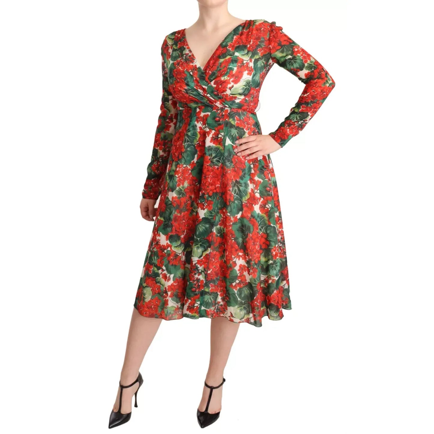 Dolce & Gabbana Multicolor Portofino-Print Shift Dress with red floral design, featuring V-neck and long sleeves.