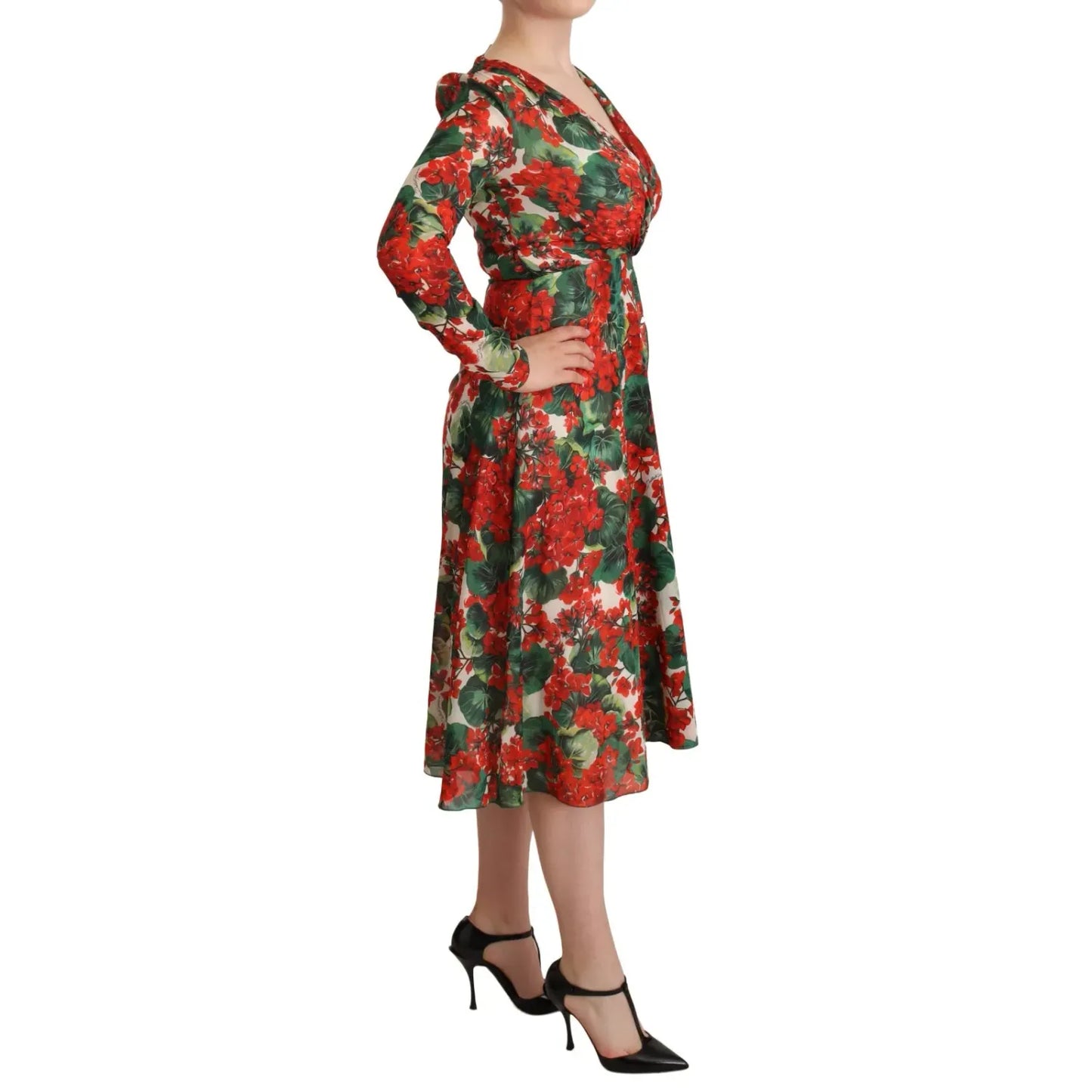 Dolce & Gabbana Multicolor Portofino-Print Shift Dress with red floral print, V-neck, long sleeves, silk material, side view on model.