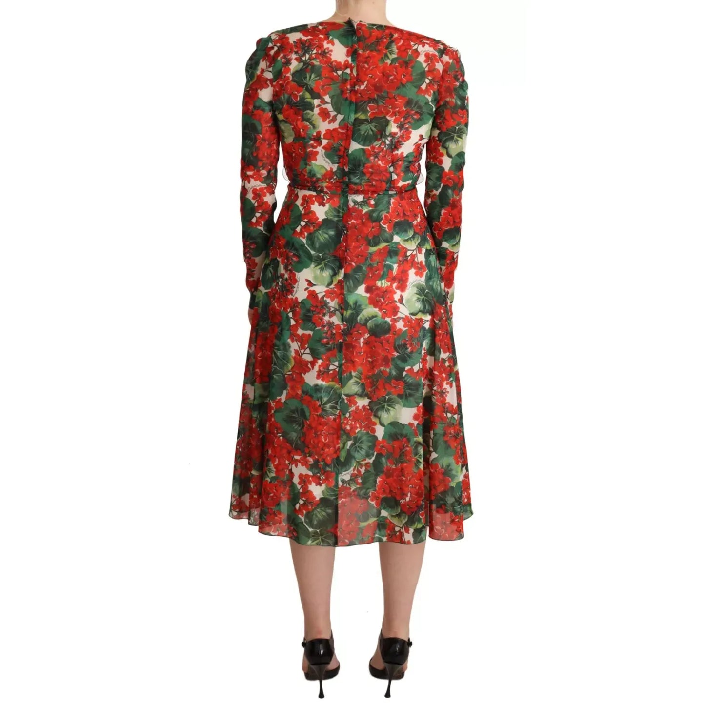 Back view of Dolce & Gabbana Multicolor Portofino-Print Shift Dress with red floral pattern, long sleeves, and tie-up detail.