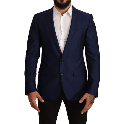 Dolce & Gabbana Navy Blue Slim Fit Jacket MARTINI Blazer showcasing front view, featuring notch lapel, single-breasted style, and elegant design.