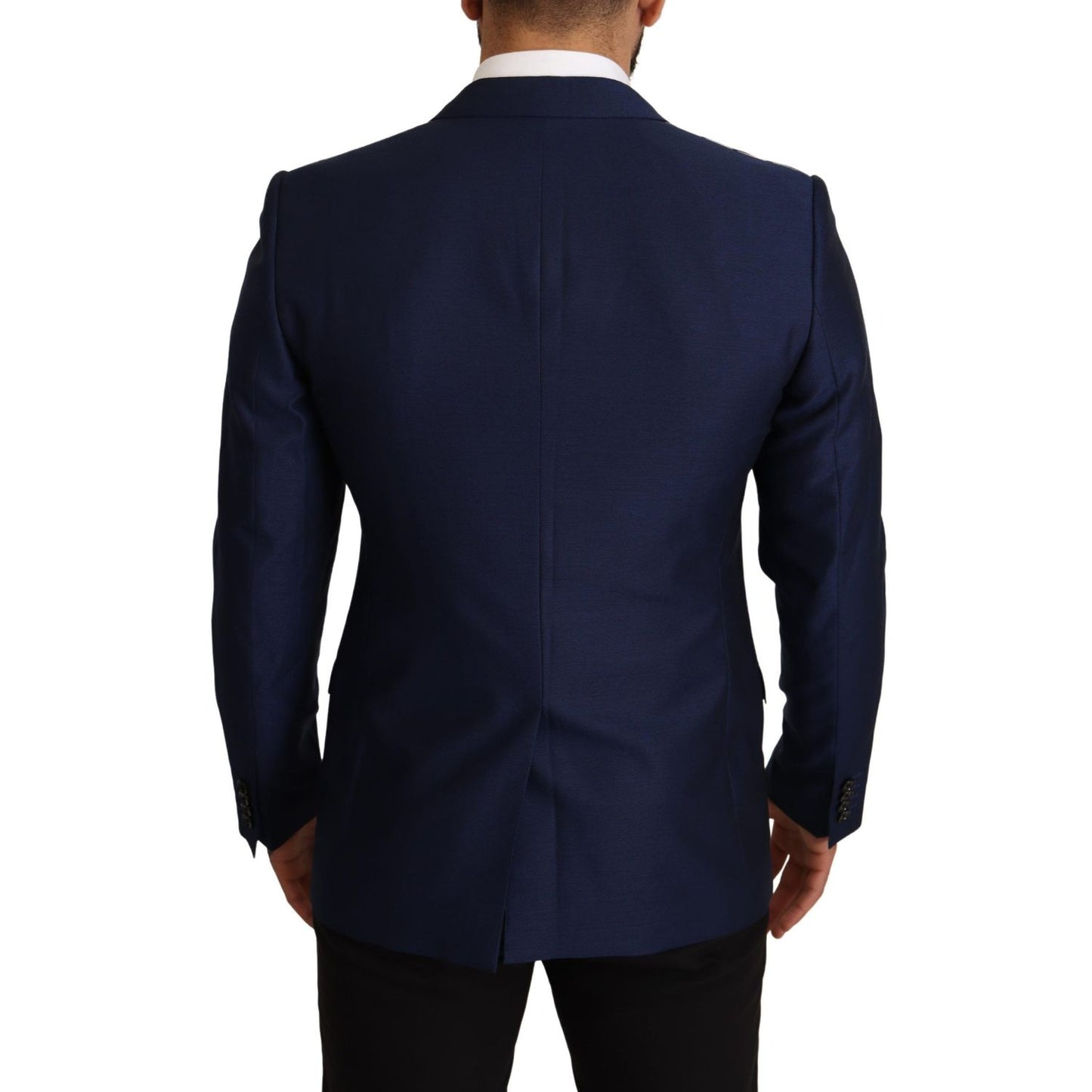 Back view of the Dolce & Gabbana Navy Blue Slim Fit Jacket MARTINI Blazer, featuring a sleek design and notch lapels.