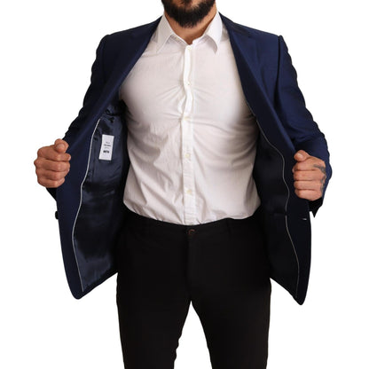 Model wearing Dolce & Gabbana Navy Blue Slim Fit Jacket MARTINI Blazer showcasing interior and fit