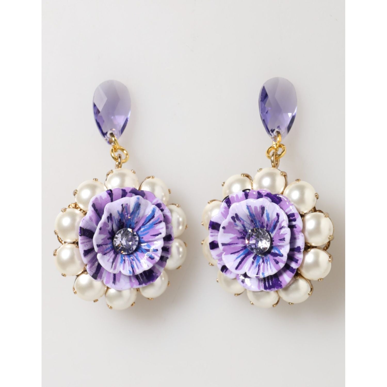 Dolce & Gabbana Purple Floral Crystal Pearl Drop Clip-On Statement Earrings