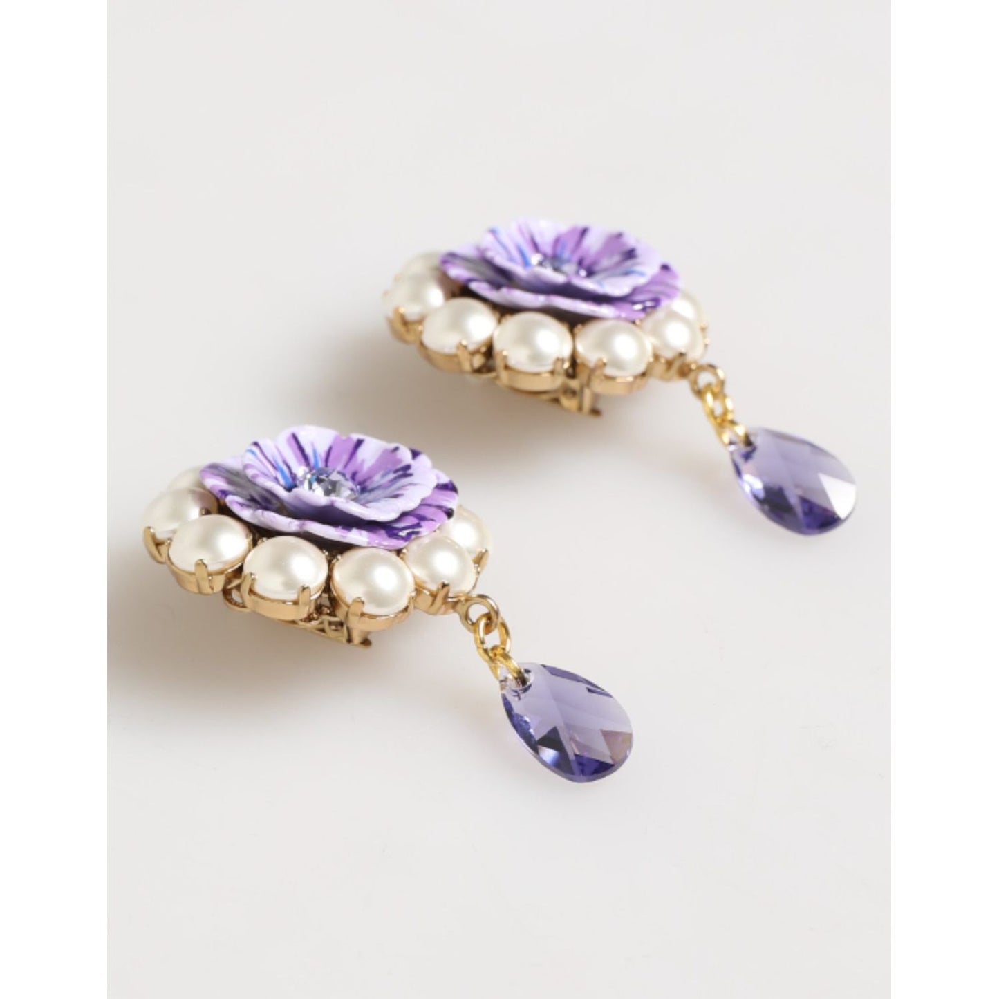 Dolce & Gabbana Purple Floral Crystal Pearl Drop Clip-On Statement Earrings