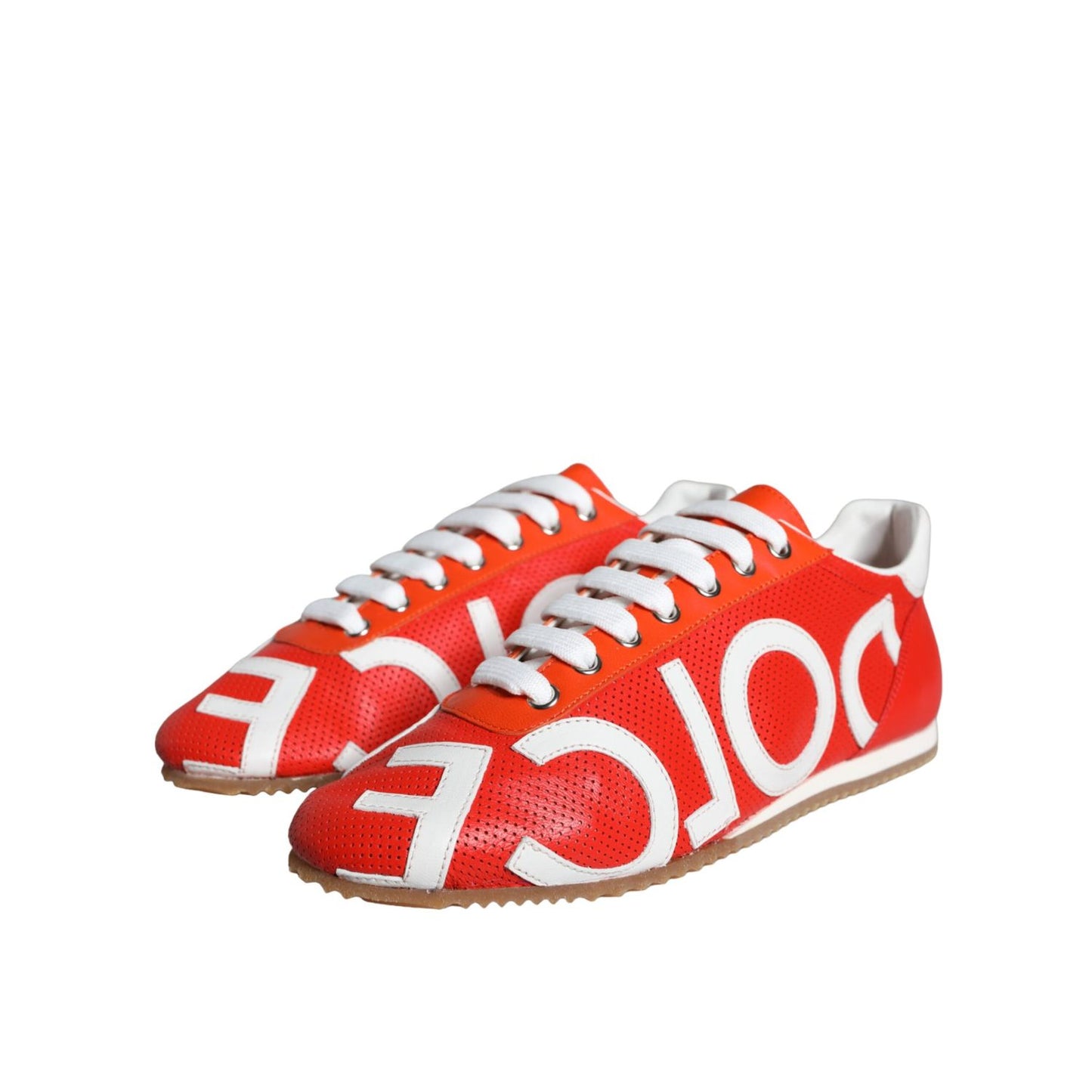 Dolce & Gabbana Red White Leather Logo Casual Sneakers Shoes, low-top design, multicolor leather with rubber sole, lace-up closure, made in Italy.