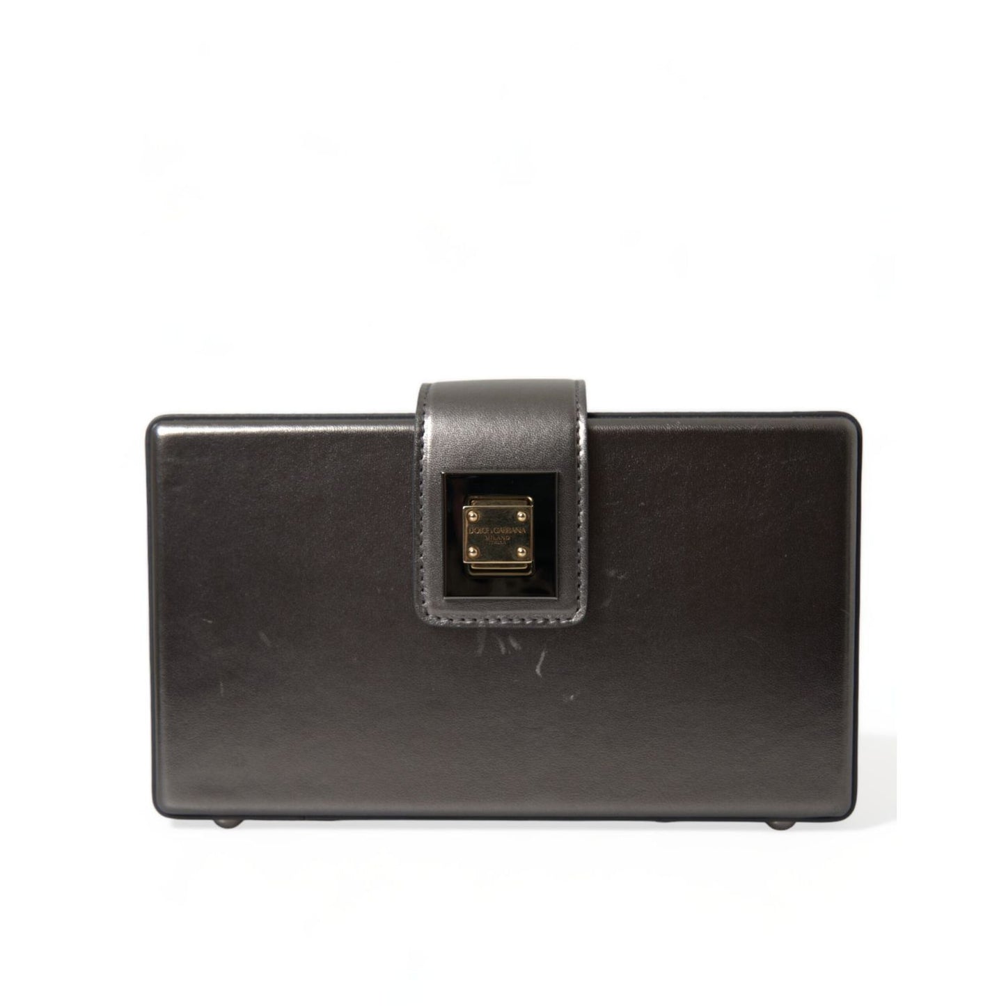 Dolce & Gabbana Steel Gray Leather Box Shape Shoulder Gold DG Logo Plaque Bag front view.