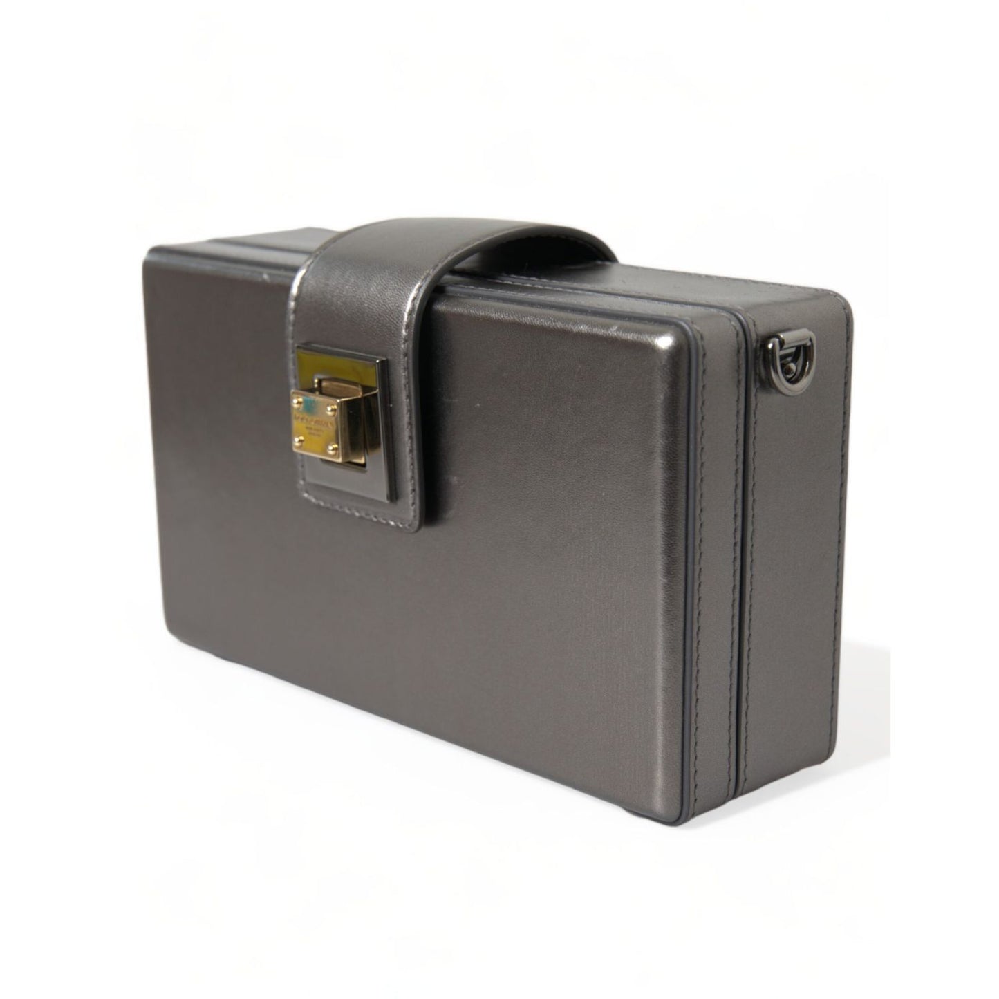 Dolce & Gabbana Steel Gray Leather Box Shape Shoulder Gold DG Logo Plaque Bag with polished gold hardware.