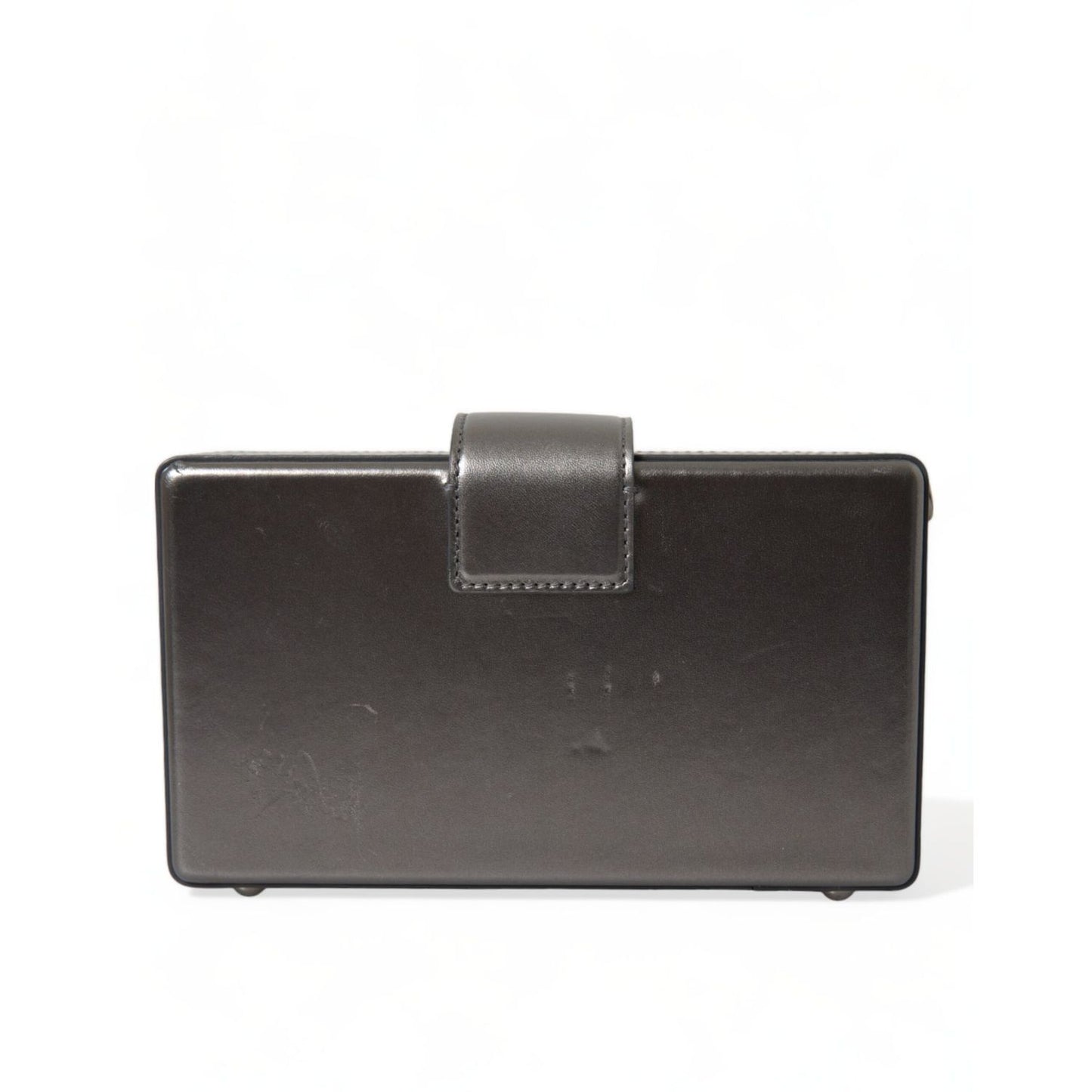 Dolce & Gabbana Steel Gray Leather Box Shape Shoulder Gold DG Logo Plaque Bag in premium leather material.