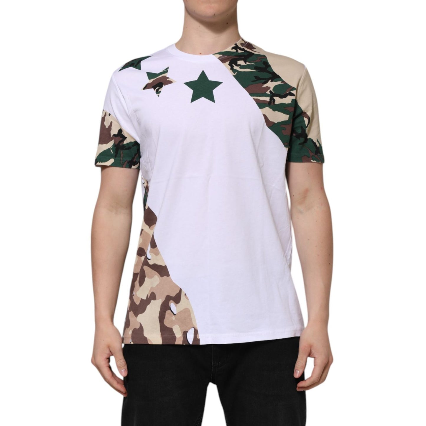 Dolce & Gabbana White Camouflage Cotton Men Crew Neck T-shirt