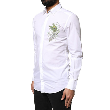Dolce & Gabbana White Cotton Peacock Feather GOLD Formal Shirt