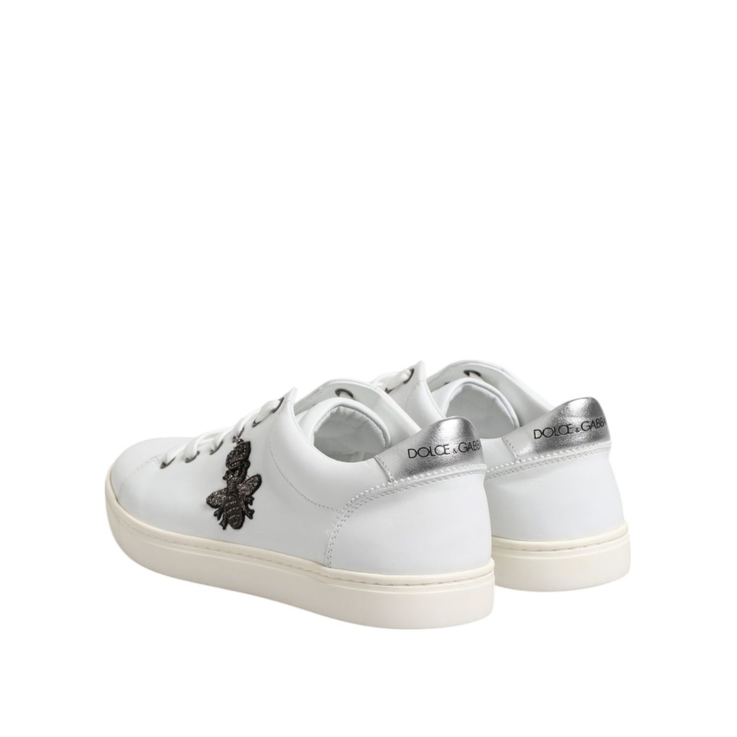 Dolce & Gabbana White Crown Bee Leather Low Top Sneakers Shoes back view showing logo details.