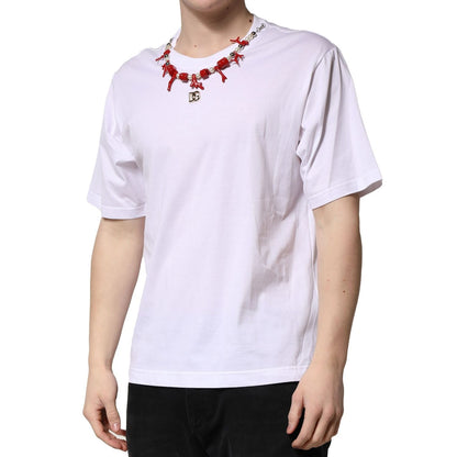 Dolce & Gabbana White Embellished Cotton Crew Neck T-shirt featuring short sleeves and regular fit with minor defects.