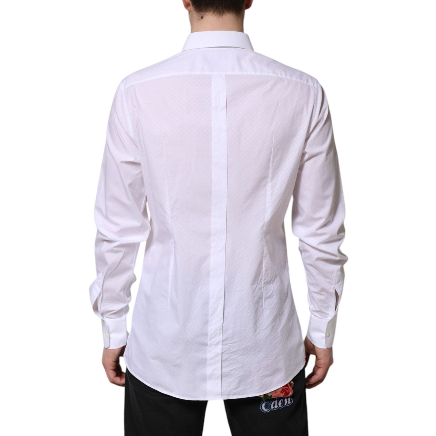 Dolce & Gabbana White GOLD Cotton Long Sleeves Formal Shirt, back view showcasing slim fit and button closure, 100% cotton, made in Italy.
