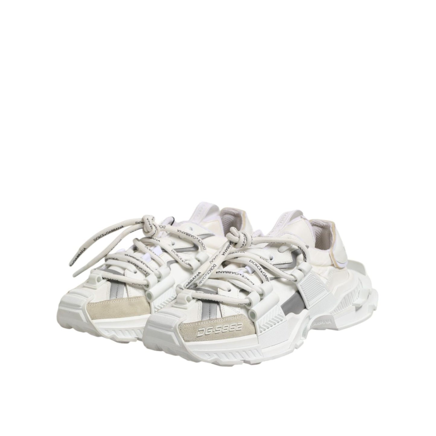 Dolce & Gabbana White Gray Low Top Space Sneakers Shoes, luxury Italian footwear with lace-up design and logo details.