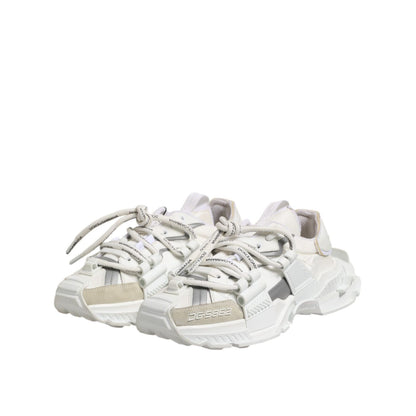 Dolce & Gabbana White Gray Low Top Space Sneakers Shoes, luxury Italian footwear with lace-up design and logo details.