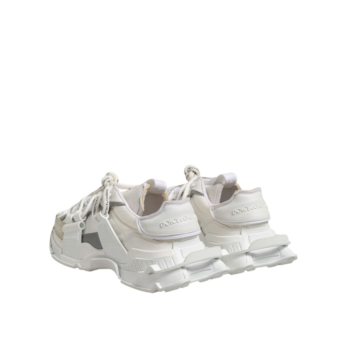 Dolce & Gabbana White Gray Low Top Space Sneakers Shoes with rubber sole and logo details, made in Italy, rear view.